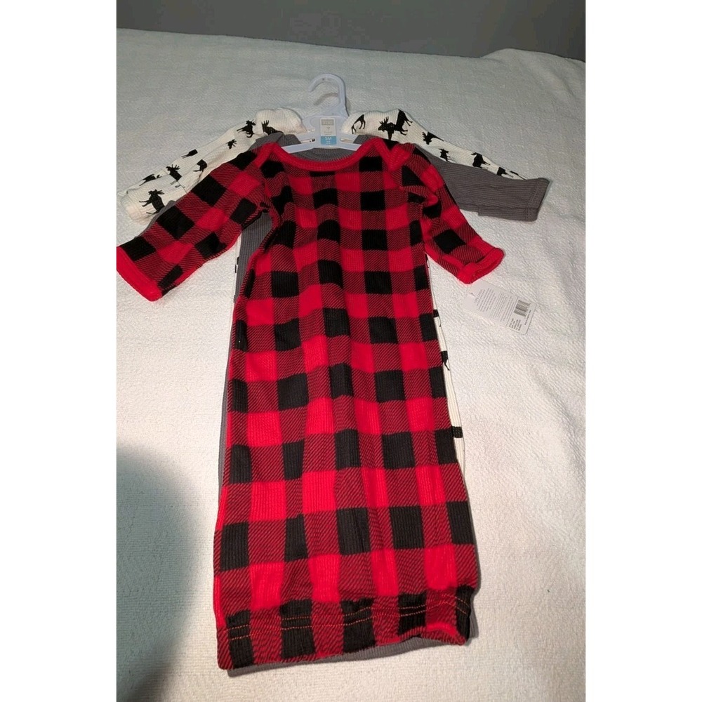 NWT Cozy, 3-pack one-piece baby clothes, Moose Print, Plaid Gowns 0-6 Months